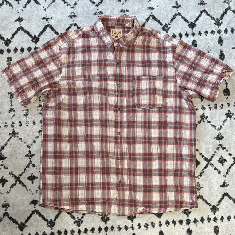 Red Head Button Up Size 2XL Red White Plaid Top w/ Pocket